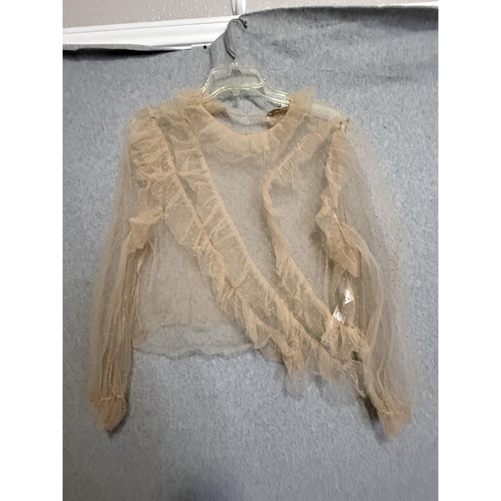 Zara Blouse‎ Womens M Beige Sheer Mesh Polka Dot Ruffle Cropped Festival